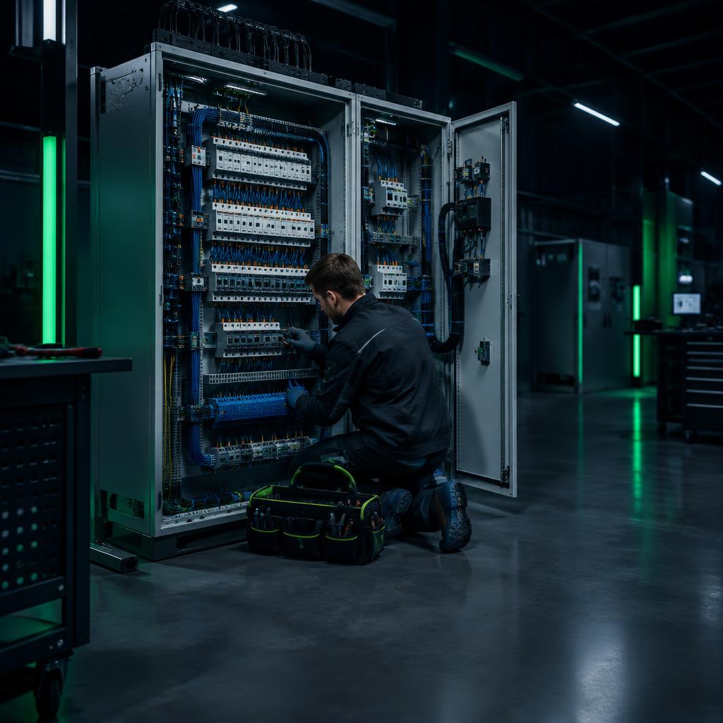 Technik pri precíznej montáži rozvádzača nízkeho napätia vo výrobnej hale