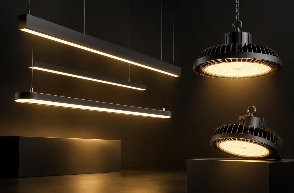 Sled moderných LED svietidiel — produktová fotografia projektu LUMENIX